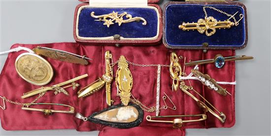 A collection of gold and other bar brooches, a lava cameo brooch and a cameo pendant in jet mount